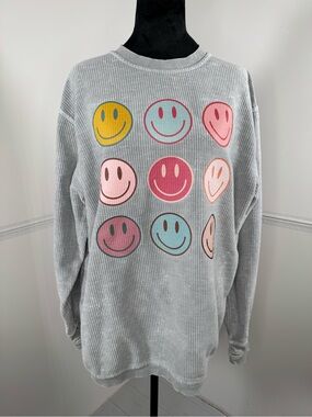 Royce Brand Comfy Cord Smiley Face Corded Pullover Gray Size Medium